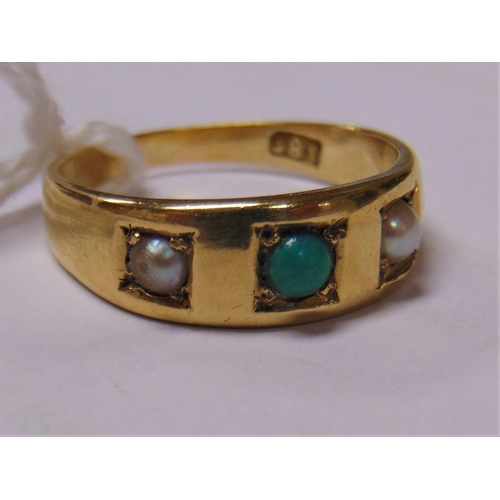 12 - 18ct yellow gold ring set with split seed pearls and turquoise, size O, 4.6g.