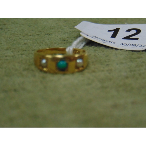 12 - 18ct yellow gold ring set with split seed pearls and turquoise, size O, 4.6g.