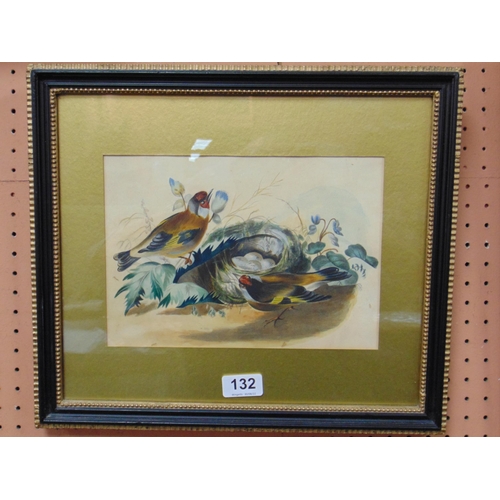 132 - Framed and glazed watercolour, Goldfinches and nest.