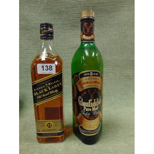 138 - 75cl bottle of Glenfiddich Pure Malt Scotch Whisky, and a 70cl bottle of Johnnie Walker Black Label.