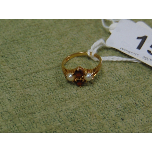 15 - 9ct yellow gold ring set with garnets and seed pearls, size N, 2.8g.