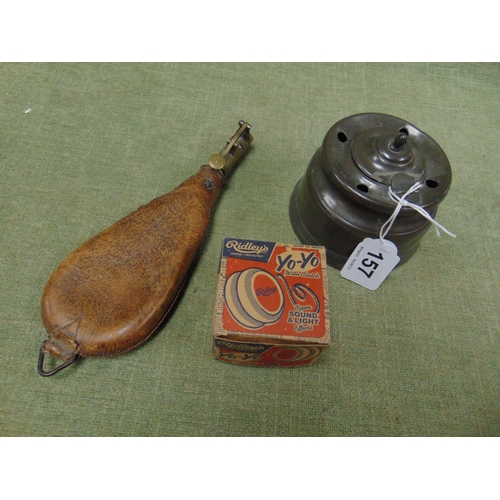 157 - Antique leather and brass powder flask, antique pewter inkwell and a vintage Yo-Yo in box.