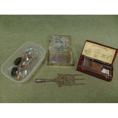 160 - Collection of antique spectacles, vintage 'Allegro' razor sharpener, plated sandwich box and a brass... 