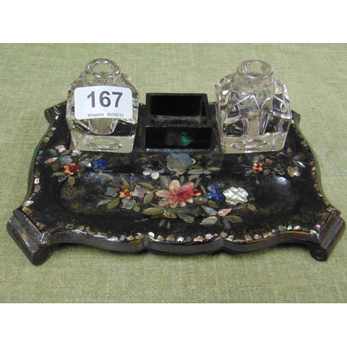 167 - Victorian black lacquered inkstand with twin glass inkwells, 8.5