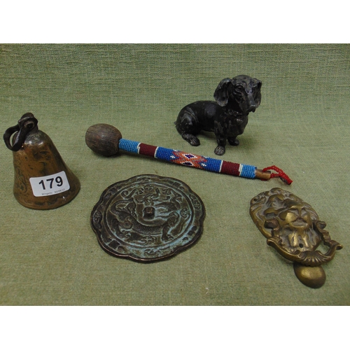 179 - Oriental bronze hand mirror, vintage painted metal dog money box etc.