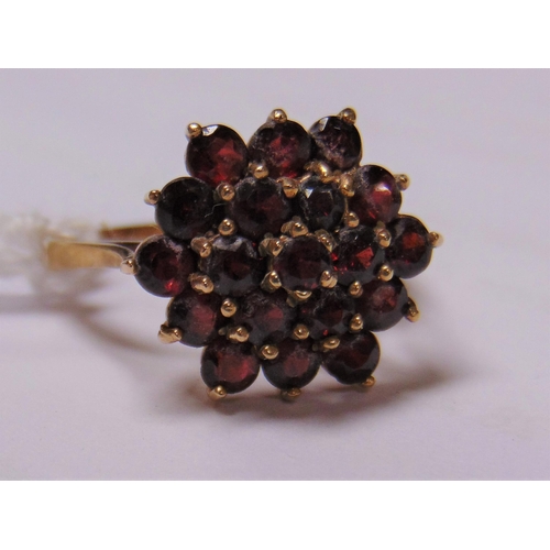 20 - Large 9ct yellow gold garnet cluster ring, size P, 3.7g.