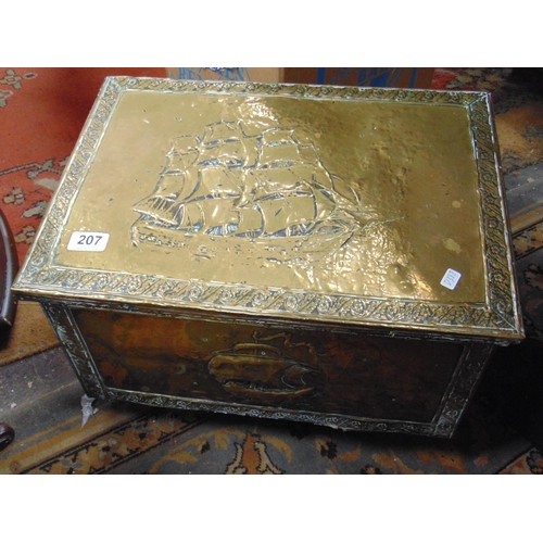 207 - Brass slipper box, having embossed sailing vessel decoration.