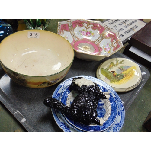 215 - Noritake octagonal bowl, Doulton 'Under the Greenwood' kettle stand, bowl, cat figure, etc.