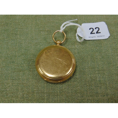 22 - 18ct gold pocket watch, open face with subsidiary seconds dial, key wind movement  signed Butt, Ches... 