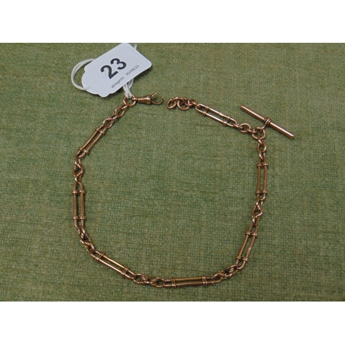 23 - 9ct rose gold bar link watch chain with T bar, 13.5