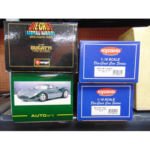 270 - Two boxed Kyosho 1.18 scale model vehicles, MG B MK -1 red and green, Burago Bugatti type 59 and a J... 