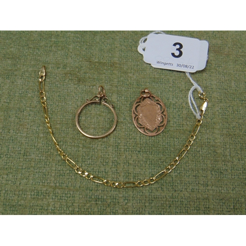 3 - 9ct rose gold fob, 9ct yellow gold bracelet, and a possibly gold pendant mount for a Sovereign, 5.5g... 