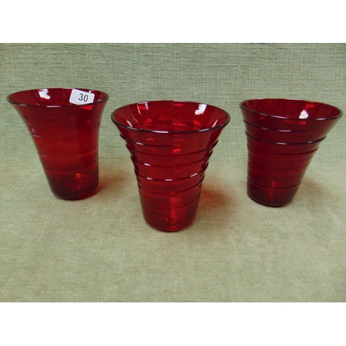 30 - Three Whitefriars red glass vases, 5.75