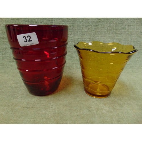 32 - Whitefriars red glass vase and a Davidsons brown glass vase.