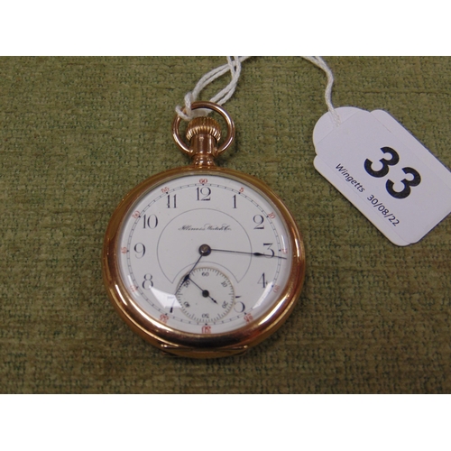 33 - Illinois Watch Co. gold plated open faced pocket watch, lever set.