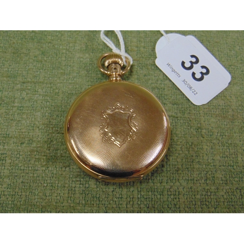 33 - Illinois Watch Co. gold plated open faced pocket watch, lever set.