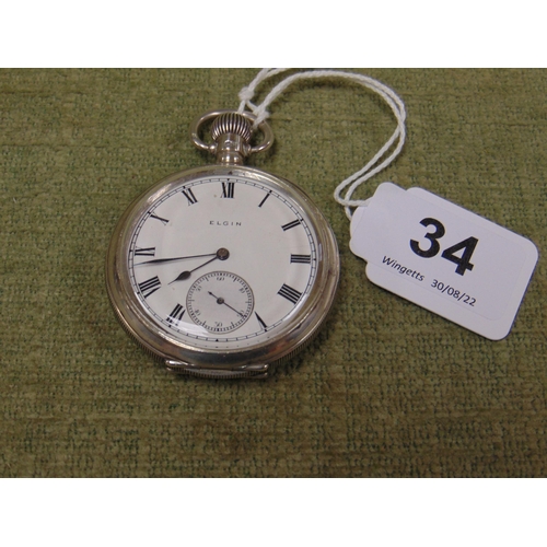 34 - Elgin silver cased open faced pocket watch, top wind.