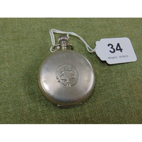 34 - Elgin silver cased open faced pocket watch, top wind.