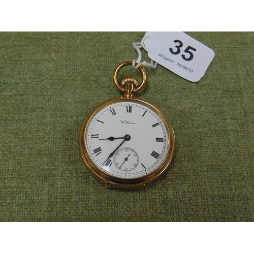 35 - Waltham gold plated open faced pocket watch, top wind.