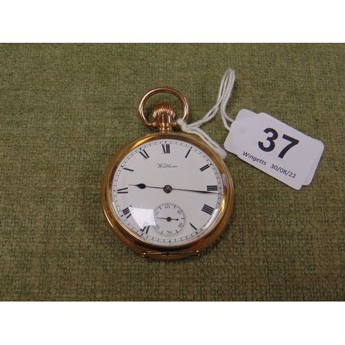 37 - Waltham gold plated open faced pocket watch, top wind.