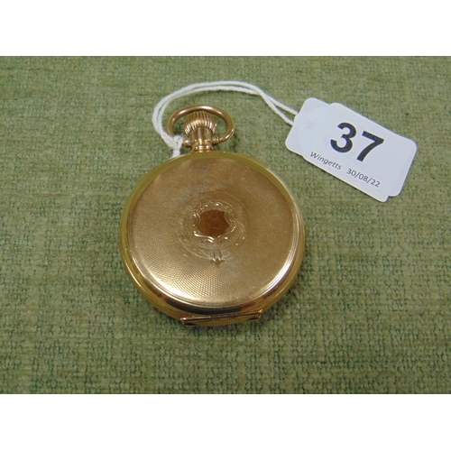 37 - Waltham gold plated open faced pocket watch, top wind.