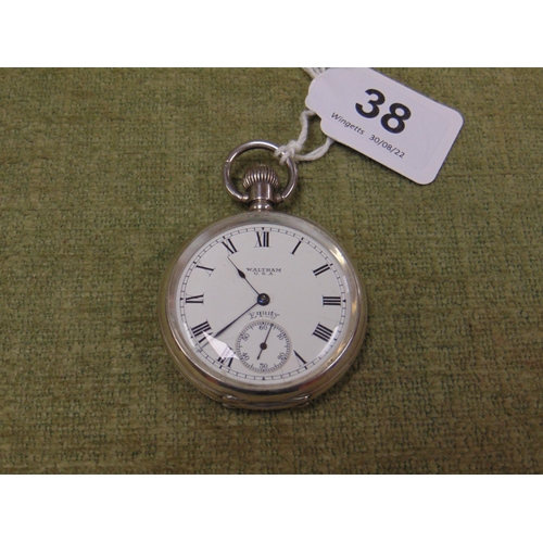 38 - Waltham Equity silver cased open faced pocket watch, top wind.