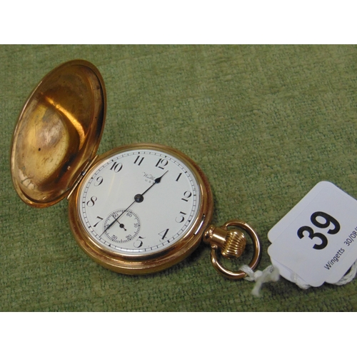 39 - Waltham gold plated full hunter pocket watch, top wind.