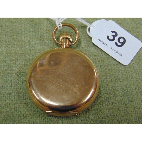 39 - Waltham gold plated full hunter pocket watch, top wind.