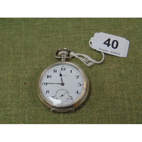 40 - Renown silver cased open faced pocket watch, top wind.