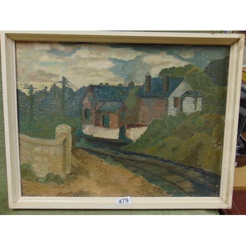 479 - Framed oil painting on canvas, railway track with house beyond. 14 x 19