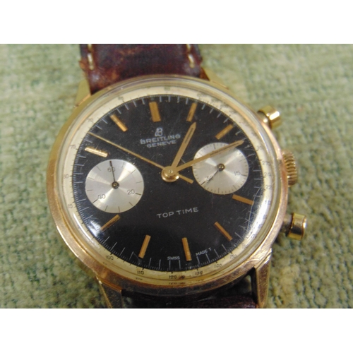 54 - Breitling Top Time chronograph wristwatch, 35mm gold plated case, reverse 'Panda' dial with gold col... 