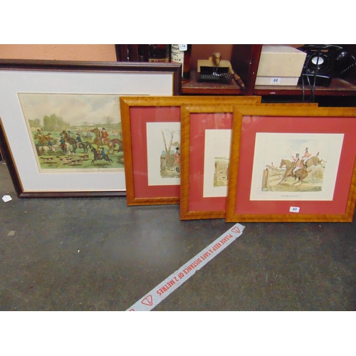 60 - Set of three hand coloured hunting prints, and one other larger hunting print.