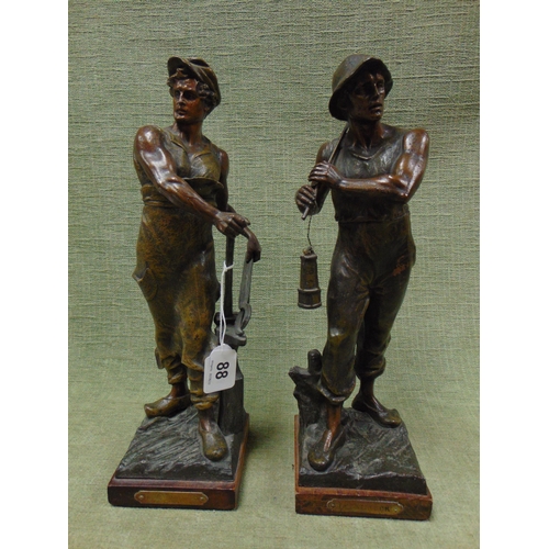 88 - Pair of French spelter figures, Le Mineur and Le Forgeron, 13.5