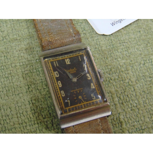 31 - Vintage Hanhart wristwatch with rectangular steel case, black dial with Arabic numerals subsidiary s... 