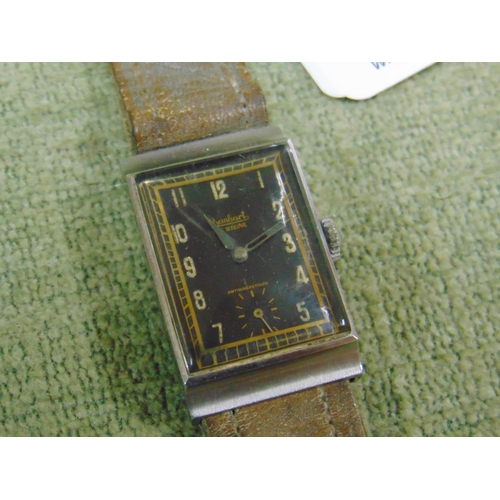 31 - Vintage Hanhart wristwatch with rectangular steel case, black dial with Arabic numerals subsidiary s... 