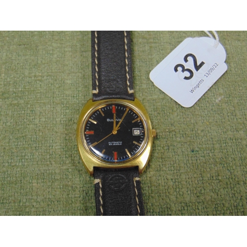 32 - Vintage Bulova wristwatch with 35mm gold plated case, blue dial with baton hour markers and date ape... 