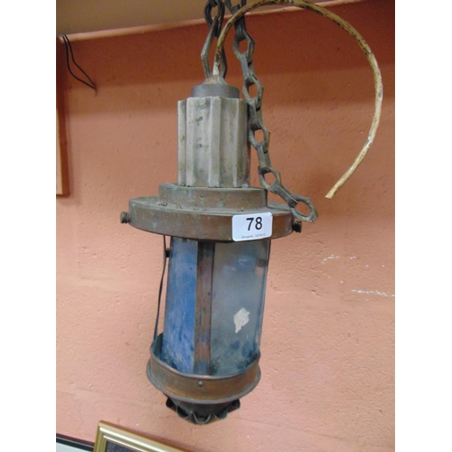 78 - Copper pendant Ship's  light fitting with blue glass panels (one missing).