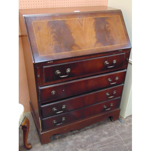 310 - Reproduction mahogany bureau, fall front, four long drawers with swan neck handles and on bracket fe... 