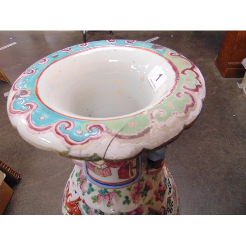 1 - Large oriental vase, having moulded figural sides, traditional familie rose decoration. 25