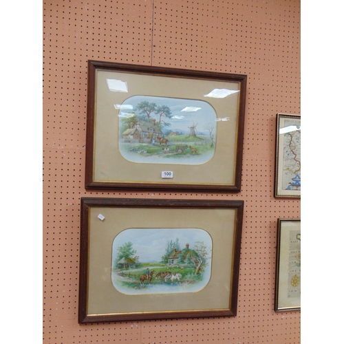 100 - Pair of oak framed and glazed colour prints, country scenes. Each 9 x 13.5