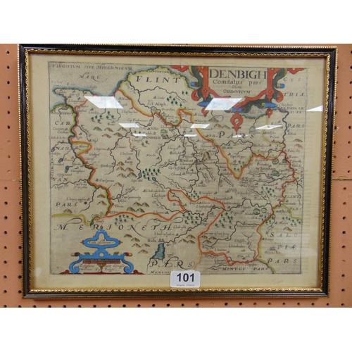 101 - Christophous Wihelmus, framed and glazed antique hand coloured map of Denbigh. 10 x 12.