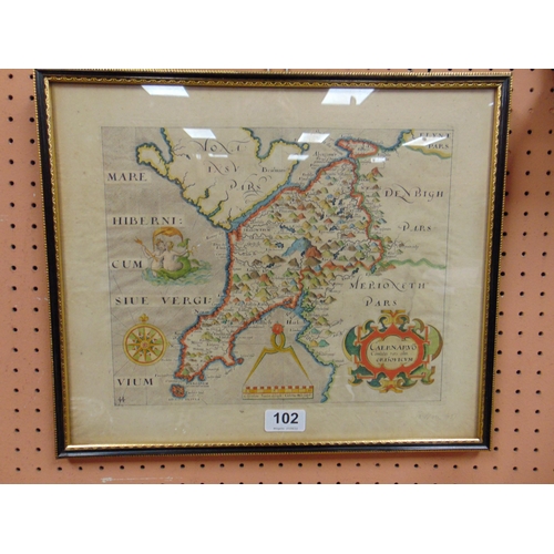 102 - Christophus Saxton, Antique framed and glazed hand coloured map of Caernarvon. 10 x 12