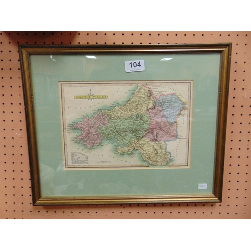 104 - James Wallis Framed and glazed colour map, South Wales. 7 x 10