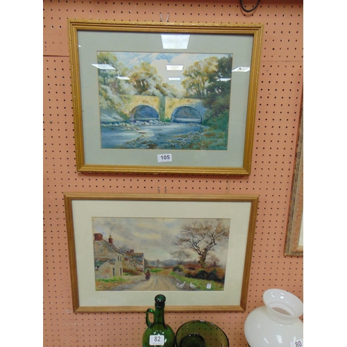 105 - L.West, framed and glazed water colour, figure within a country lane, and one other- Bridge over a r... 