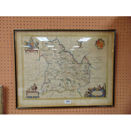 107 - Blau, framed and glazed hand coloured map, Breckonshire. 14x 19.5