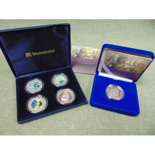 119 - Cased set of four coins, commemorating the 200th anniversary of the Battle of Trafalgar, together wi... 