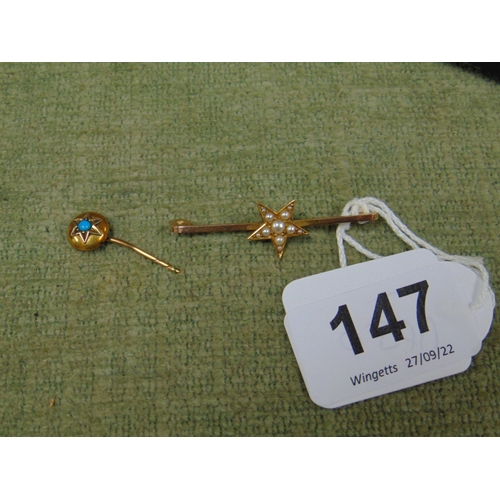 147 - 9ct gold bar brooch , having Star inset sea pearl centre (f) and a possibly gold turquoise stone set... 