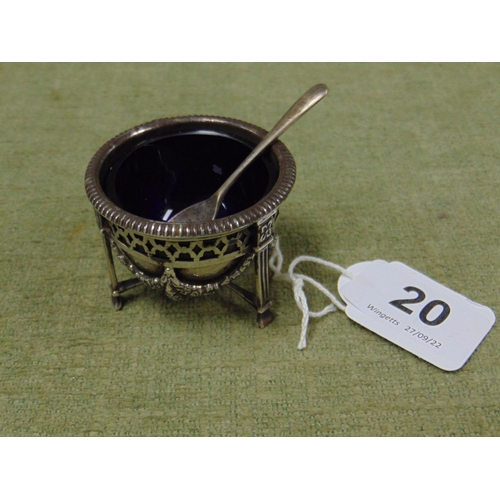 20 - Silver Empire influenced mustard pot, having blue glass liner and silver spoon. 2 oz.