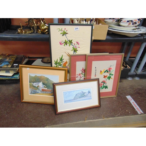 204 - Various framed and glazed oriental silk works, etc.