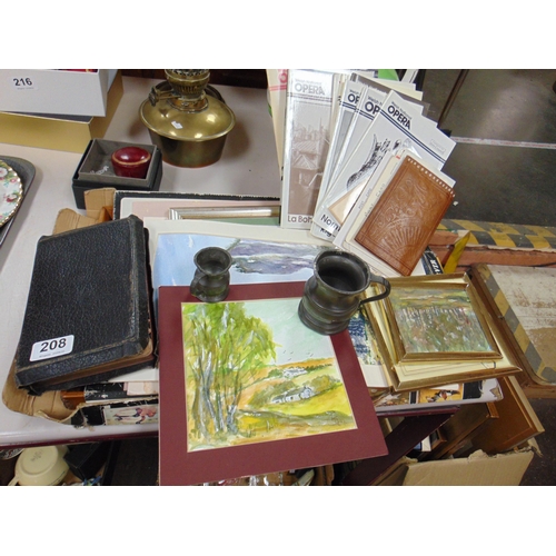 208 - Two antique miniature tankards, boxed tray, opera programes, watercolours etc.